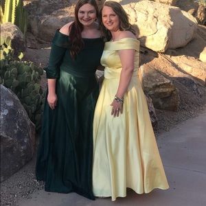 Green satin off the shoulder formal dress